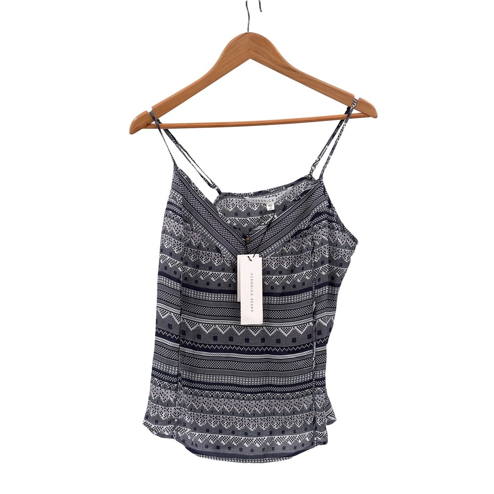 New Veronica Beard Camisole Tank Top Silk Cubano Navy Blue White V Neck Luxury